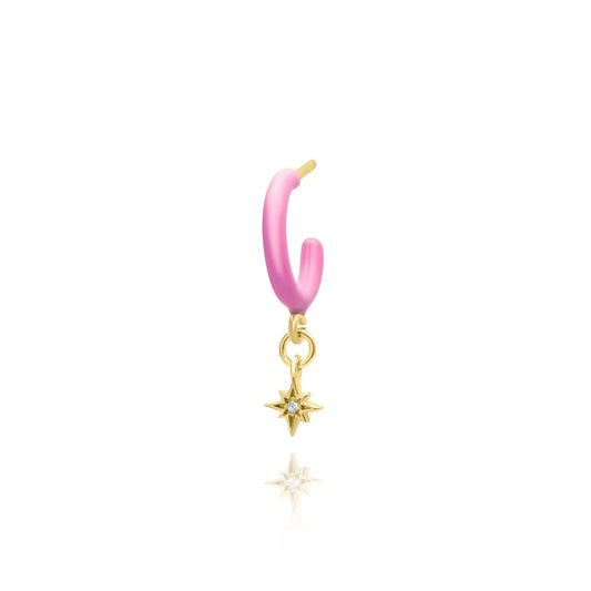 Pink Enamel Hoop with Star Single Earring - Gold Plated
