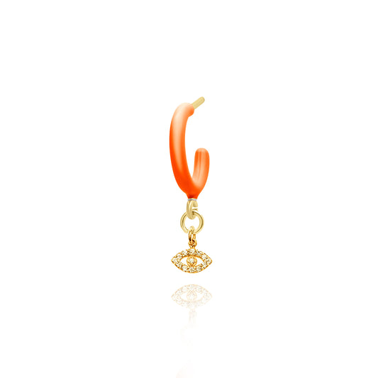Coral Enamel Hoop with Evil Eye Single Earring - Gold Plated