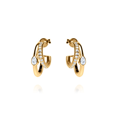 Double Hoop Pair Earrings with Teardrop - Gold Plated