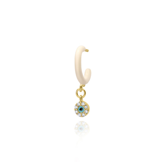 Ivory Enamel Hoop with Circle Evil Eye Single Earring - Gold Plated