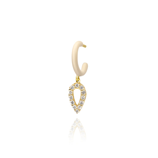 Ivory Enamel Hoop with Tear Charm Single Earring - Gold Plated