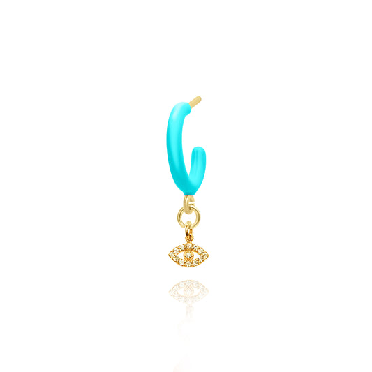 Turquoise Enamel Hoop with Evil Eye Single Earring - Gold Plated