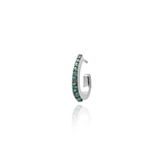 Oval Single Hoop Earring with Emerald zircon - Black Rhodium Plated