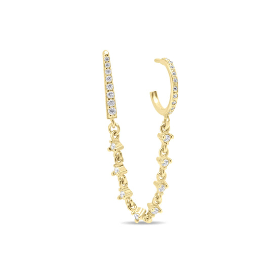 Hoop and Line Stud with Cz Dangle Chain Single Earring - Gold Plated