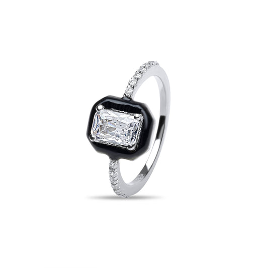 White Emerald Cut with Black Enamel Ring Big Size - Silver