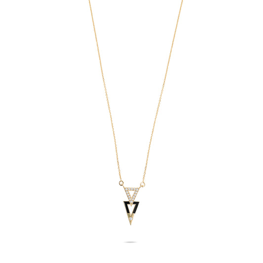 Black Enamel Double Triangles Necklace  - Gold Plated