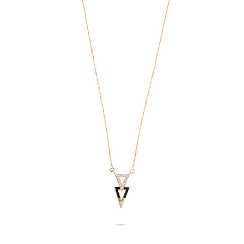 Black Enamel Double Triangles Necklace  - Gold Plated