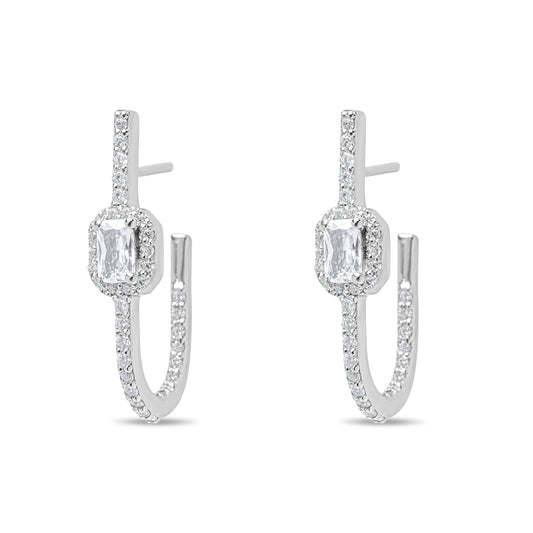 Hook Emerald Cut Pair Earrings - Silver Rhodium Plated