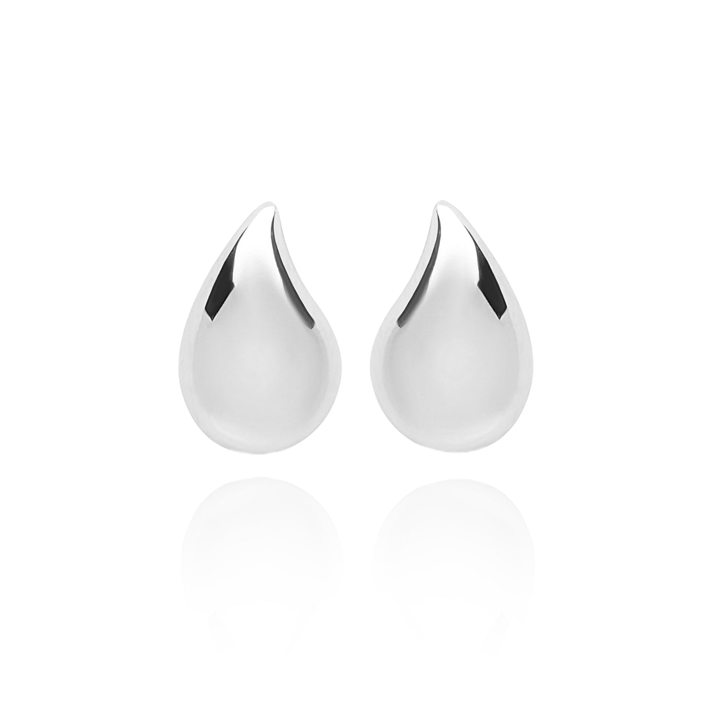 Large Solid Tear Stud Pair Earrings - Silver Rhodium Plated