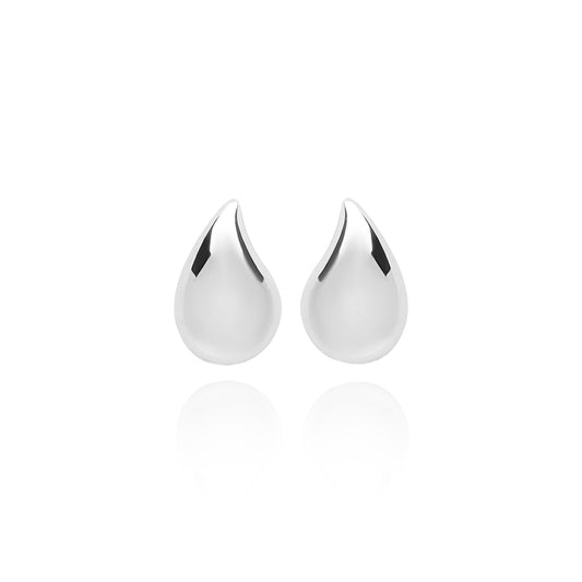 Medium Solid Tear Stud Pair Earrings - Silver Rhodium Plated