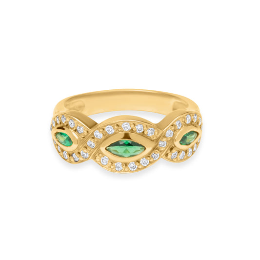 Three Emerald Naveta Ring - Gold Plated