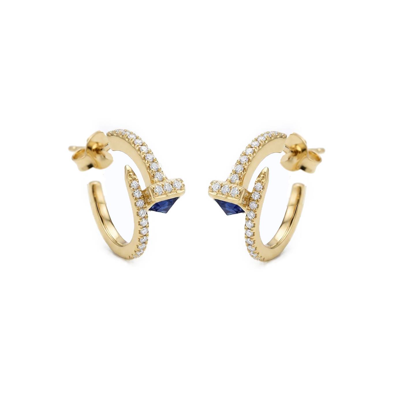 Horseshoe Nails Pair Earrings with Sapphire Stone - Gold Plated