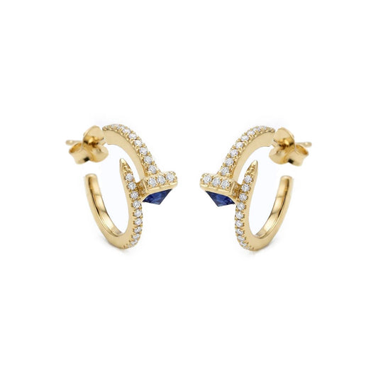 Horseshoe Nails Pair Earrings with Sapphire Stone - Gold Plated