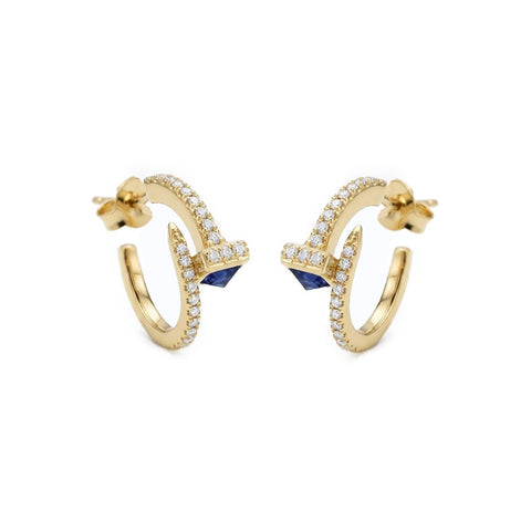 Horseshoe Nails Pair Earrings with Sapphire Stone - Gold Plated