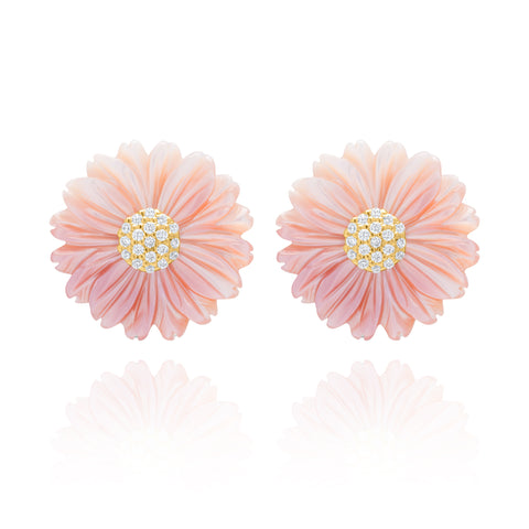 Pink Flower Pair with Circle Stud Earring - Gold Plated