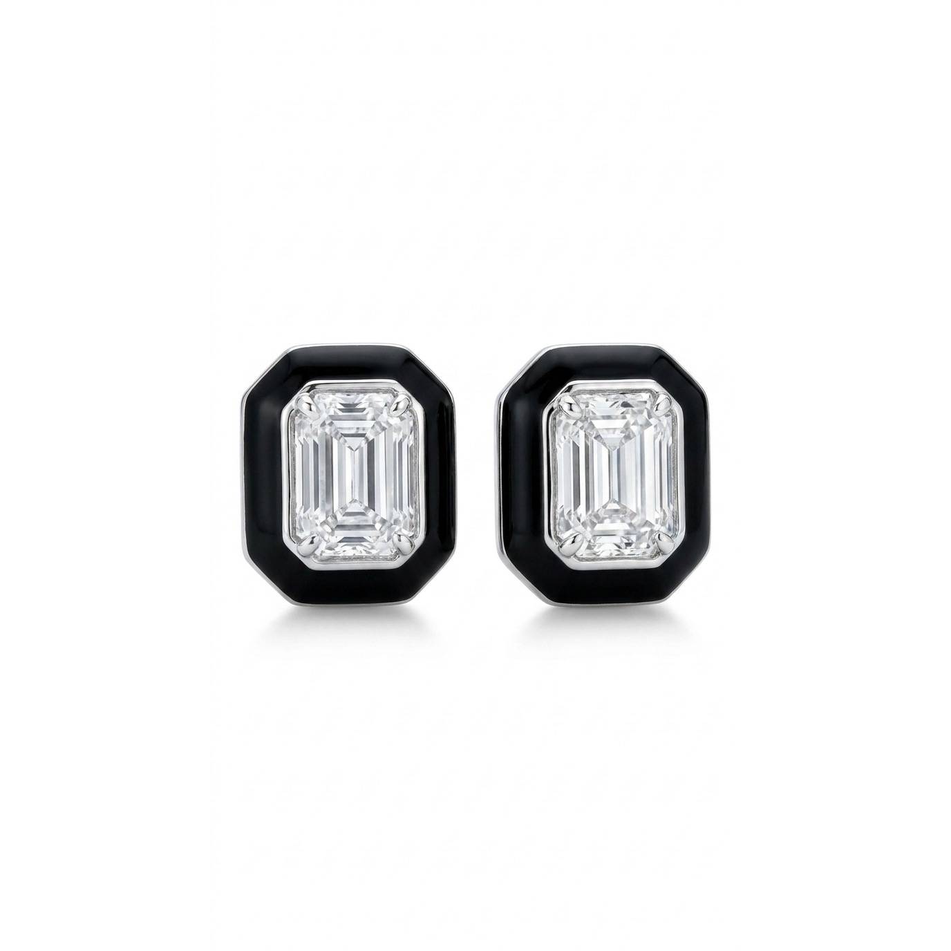 White Emerald Cut with Black Enamel Earrings - Silver Rhodium Plated