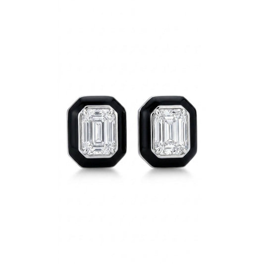 White Emerald Cut with Black Enamel Earrings - Silver Rhodium Plated