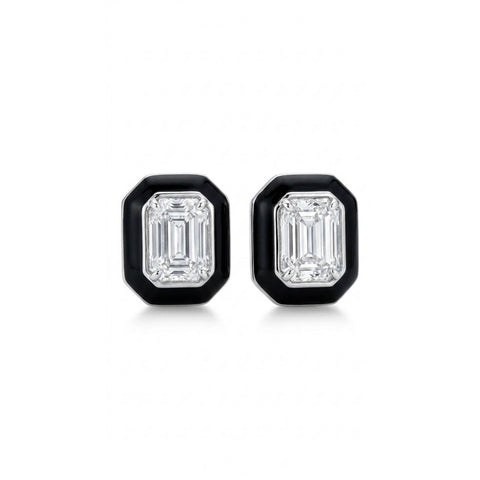 White Emerald Cut with Black Enamel Earrings - Silver Rhodium Plated