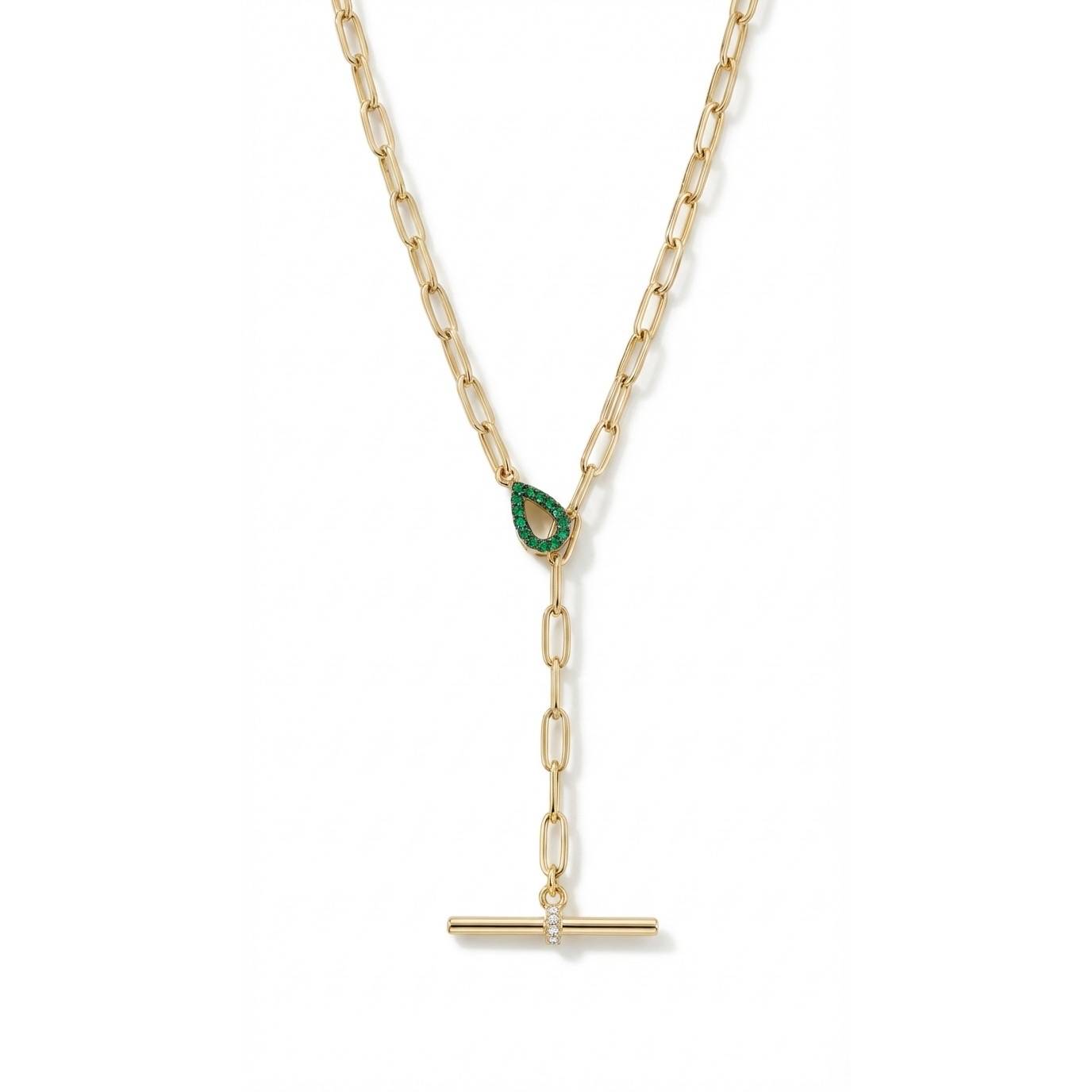 Emerald Drop T-Bar Link Necklace - Gold Plated