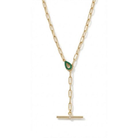 Emerald Drop T-Bar Link Necklace - Gold Plated