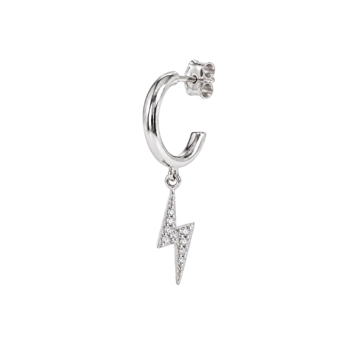 Lightning Single Hoop Earring With Stones - Silver Rhodium Plated