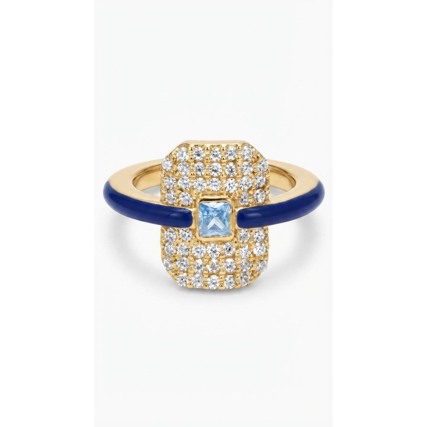 Crystal Emerald Pave Ring with Lapis enamel - Gold Plated