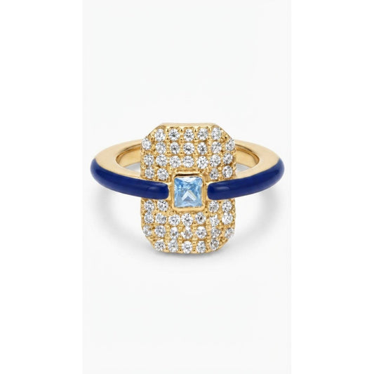 Crystal Emerald Pave Ring with Lapis enamel - Gold Plated