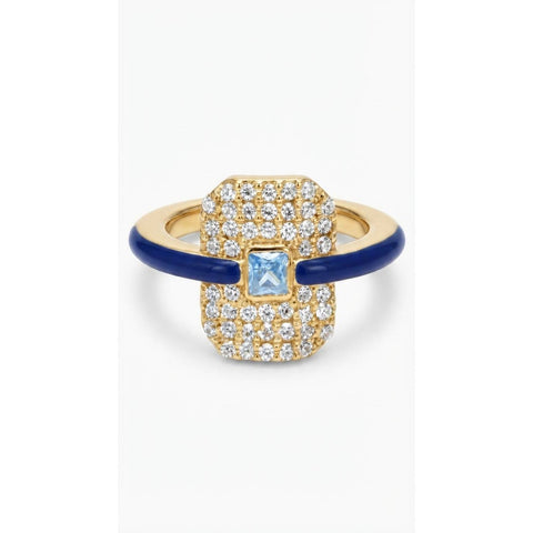 Crystal Emerald Pave Ring with Lapis enamel - Gold Plated