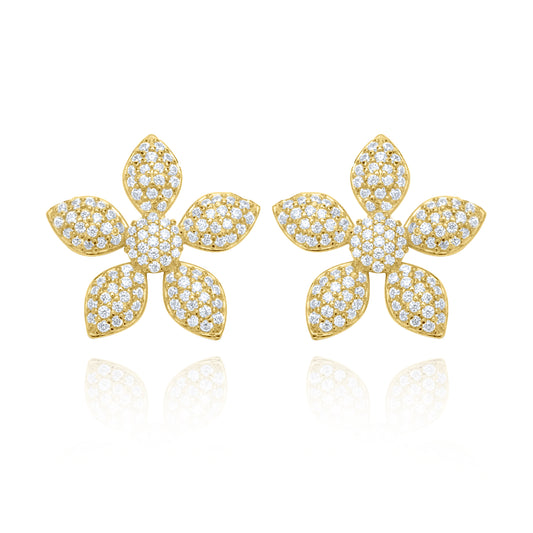 Flower Pave Stud Pair Earring - Gold Plated