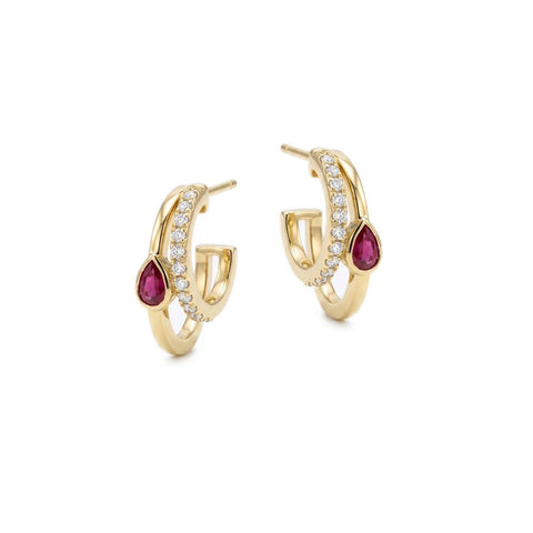 Ruby Double Hoop Pair Earrings with Teardrop - Gold Plated