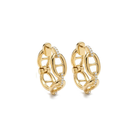 Chain Bliss Hoops With White zircons Pair Earrings - Gold Plated