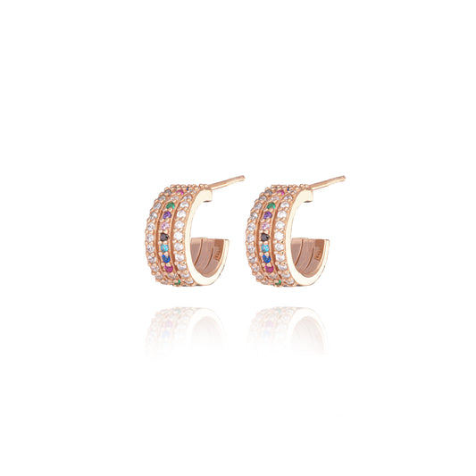 Rainbow Triple Hoops Pair Earrings - Pink Gold Plated