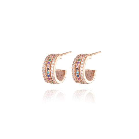 Rainbow Triple Hoops Pair Earrings - Pink Gold Plated
