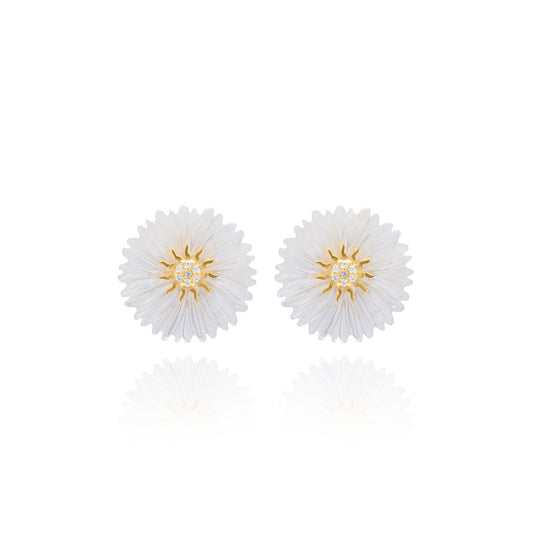 Small White Flower Pair with Sun Stud Earring - Gold Plated