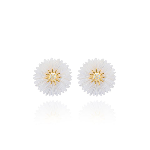 Small White Flower Pair with Sun Stud Earring - Gold Plated