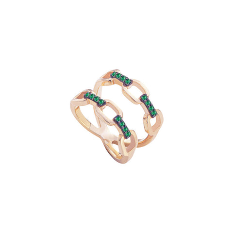 Double Emerald Chain Ring - Pink Gold Plated