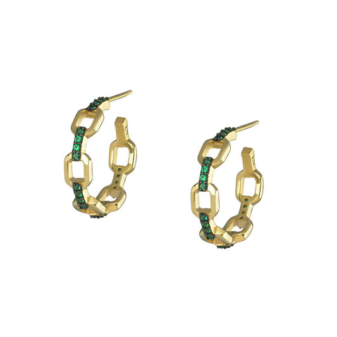 Chain Hoops Pair Earrings - Gold Plated with Emerald stone - small size