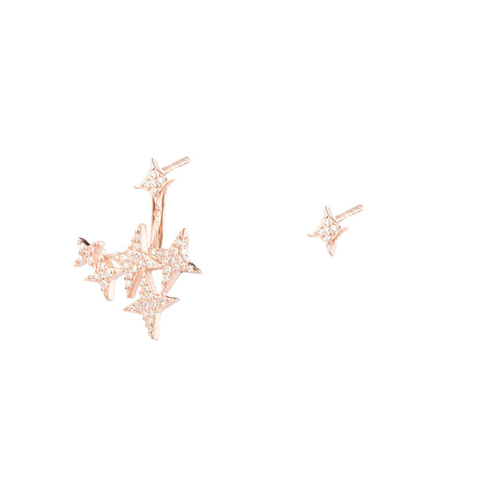 Star Ear Jacket with Rhombus Stud Earrings - Pink Gold Plated
