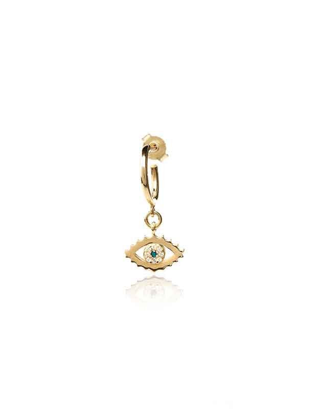 Aqua Charming Evil Eyes Single Hoop Earring - Gold Plated
