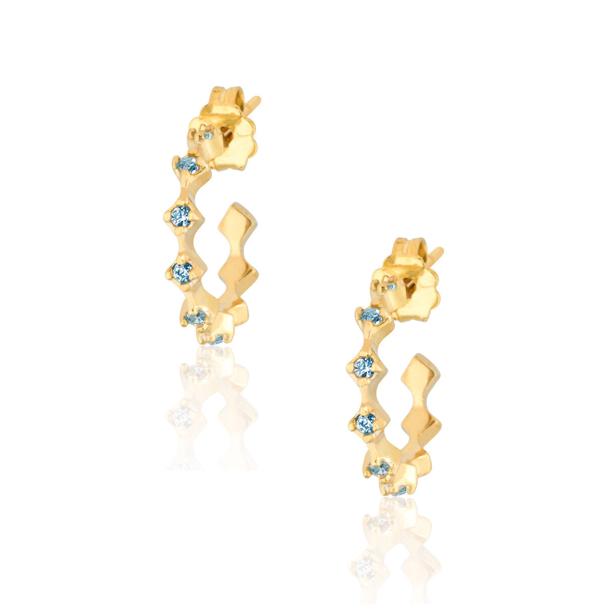 Rhombus Hoops Pair Earrings with aqua stone - Gold Plated