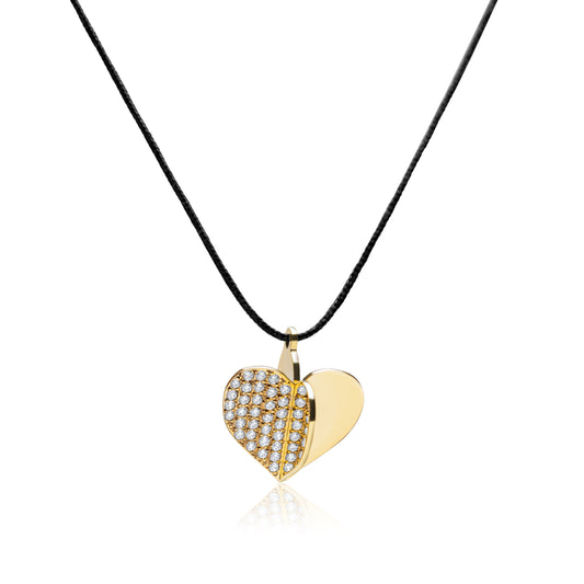 Mirror Heart necklace with black cord - Gold Plated