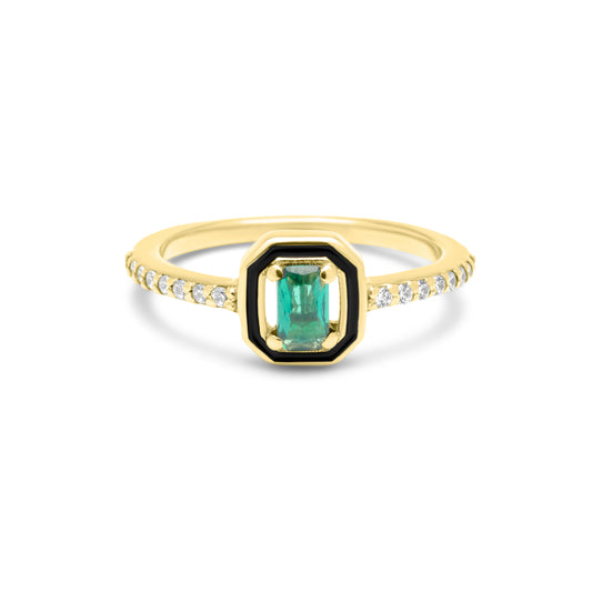 Emerald Cut with Emerald Stone & Black Enamel Ring - Gold Plated