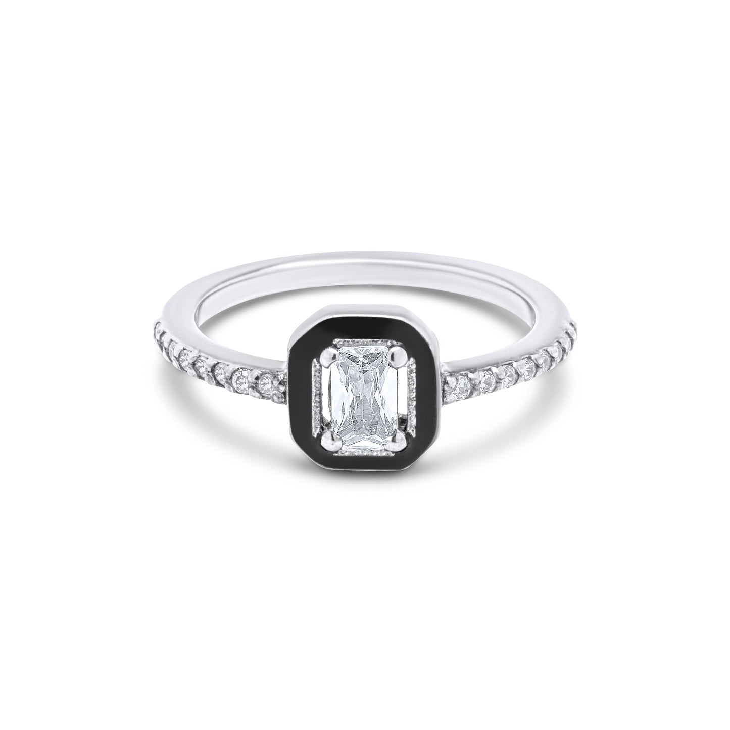 White Emerald Cut with Black Enamel Ring - Silver