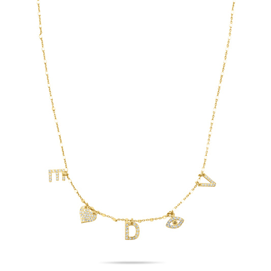 Custom Initial necklace with pave letters, Heart & Eye - Gold Plated