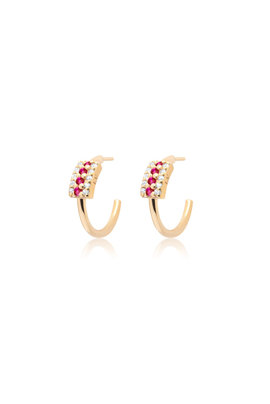 Ruby Pave Hoops Pair Earrings - Gold Plated