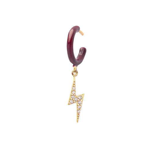 Dark Cherry Enamel Hoop with Lightning Single Earring - Gold Plated