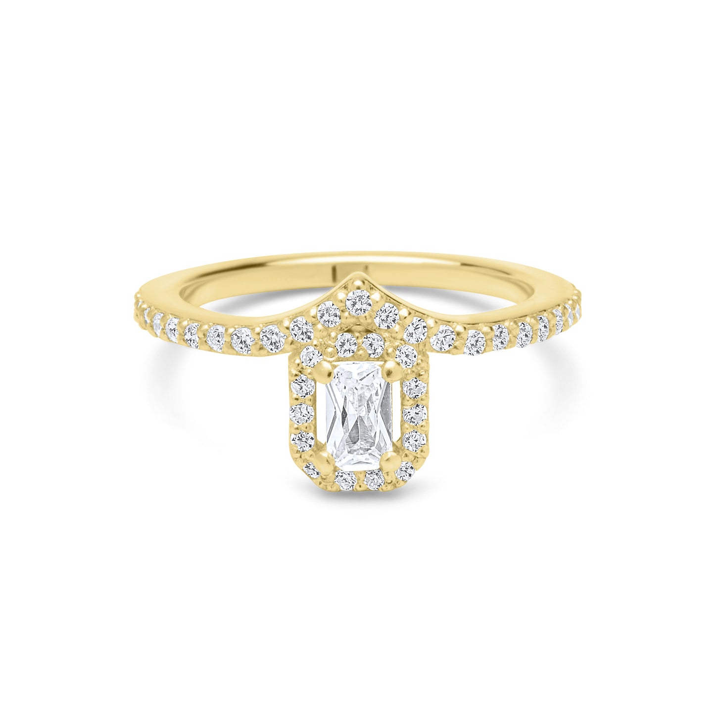 White Emerald Cut V Ring - Gold Plated