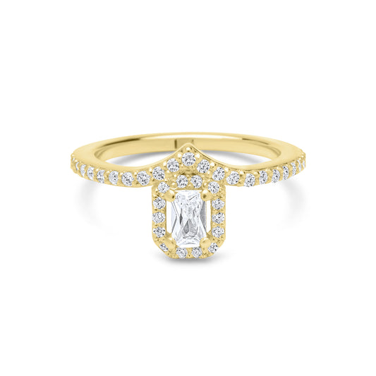 White Emerald Cut V Ring - Gold Plated