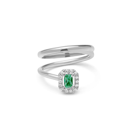 Emerald Cut With Emerald Stone Twister Ring - Silver