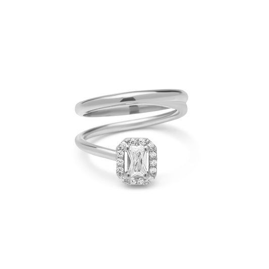 White Emerald Cut Twister Ring - Silver